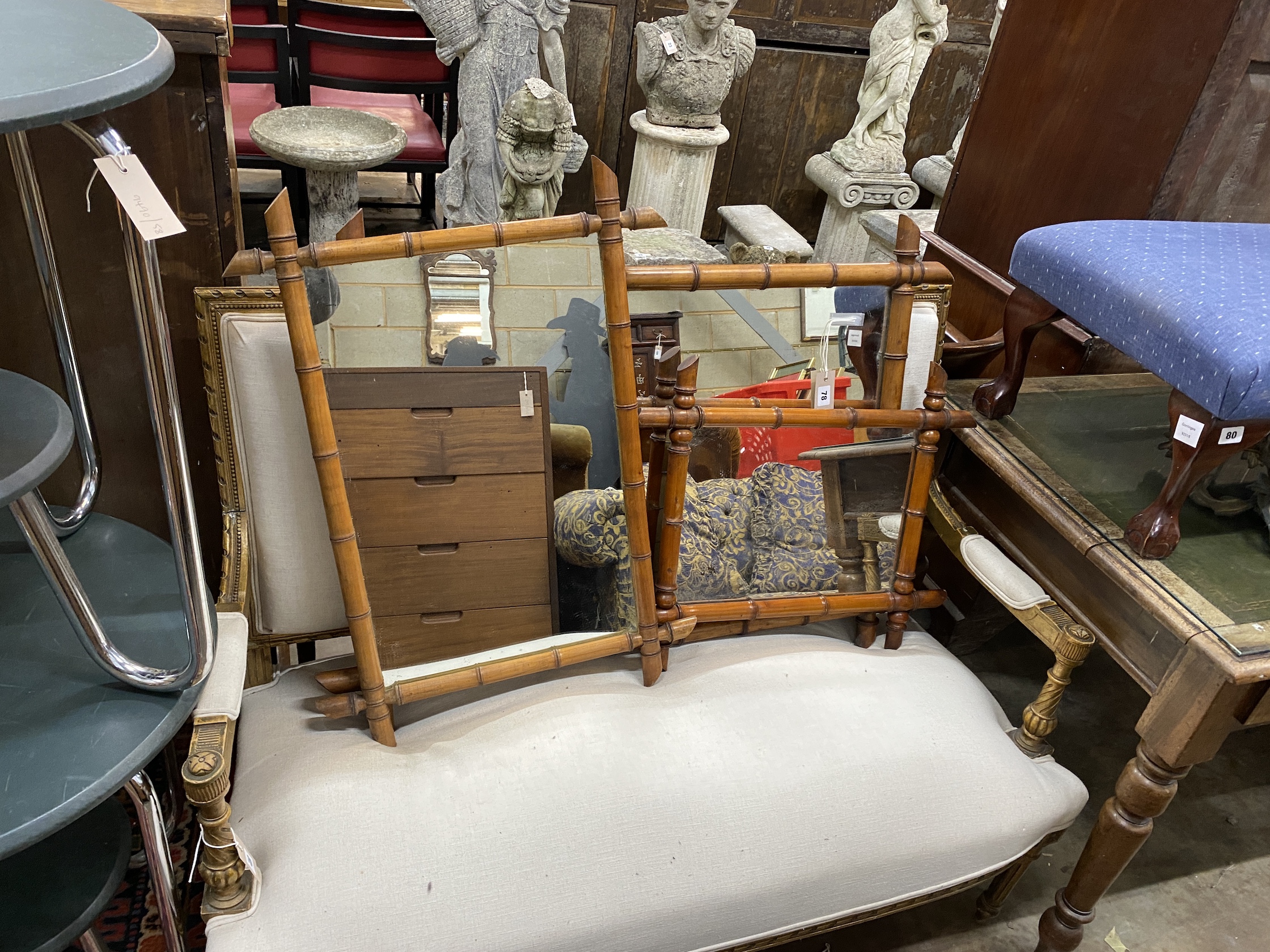 Three graduated late 19th/early 20th century faux bamboo rectangular wall mirrors, largest 100 x 74cm